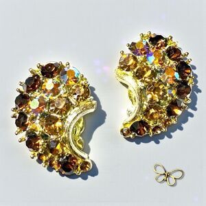 Signed Lisner Vintage Aurora Borealis Clip-On Earrings – Half Moon Cluster